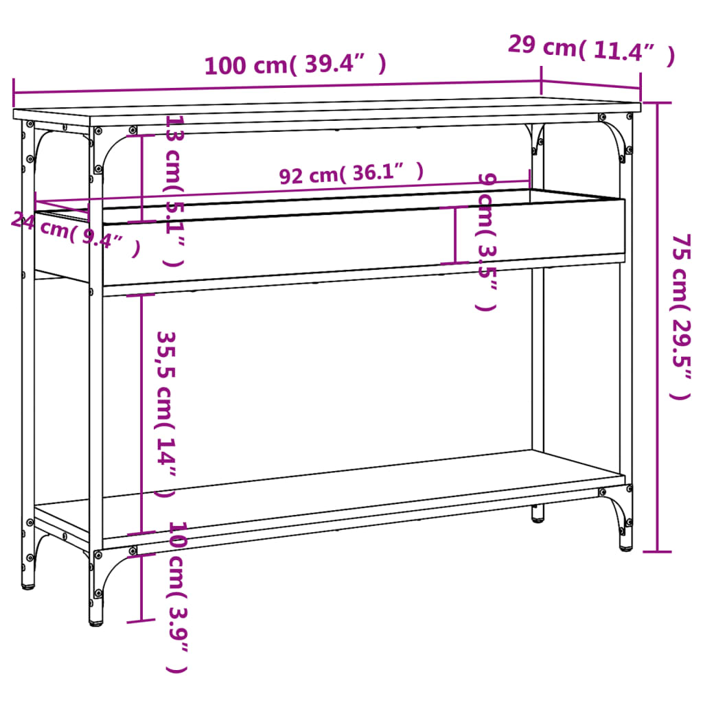 vidaXL Console Table with Shelf Smoked Oak 100x29x75cm Engineered Wood