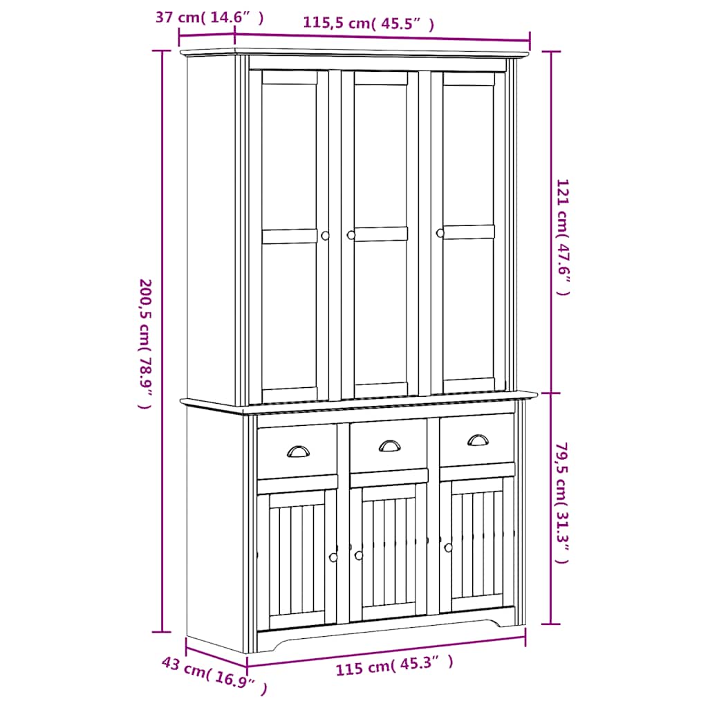 vidaXL Highborad "BODO" White 115.5x43x200.5 cm Solid Wood Pine