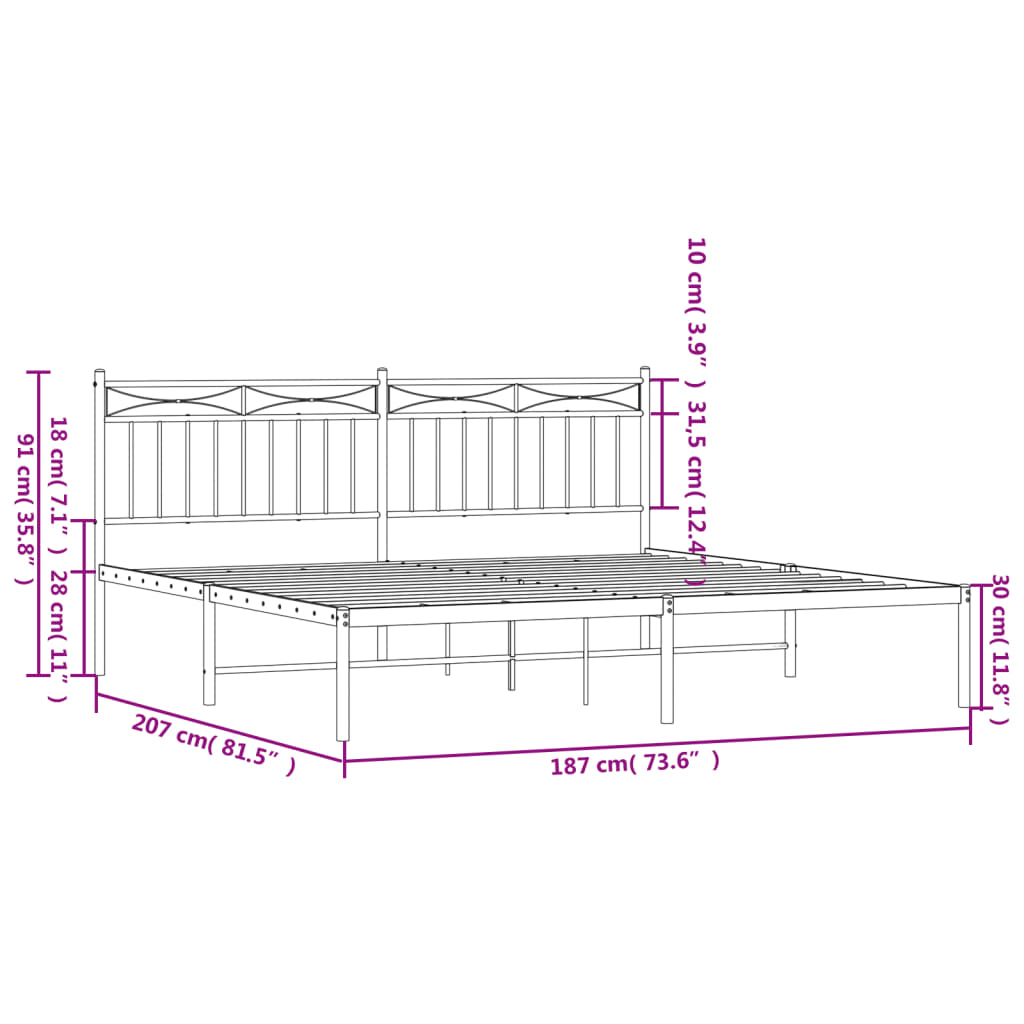 vidaXL Metal Bed Frame without Mattress with Headboard Black 180x200cm