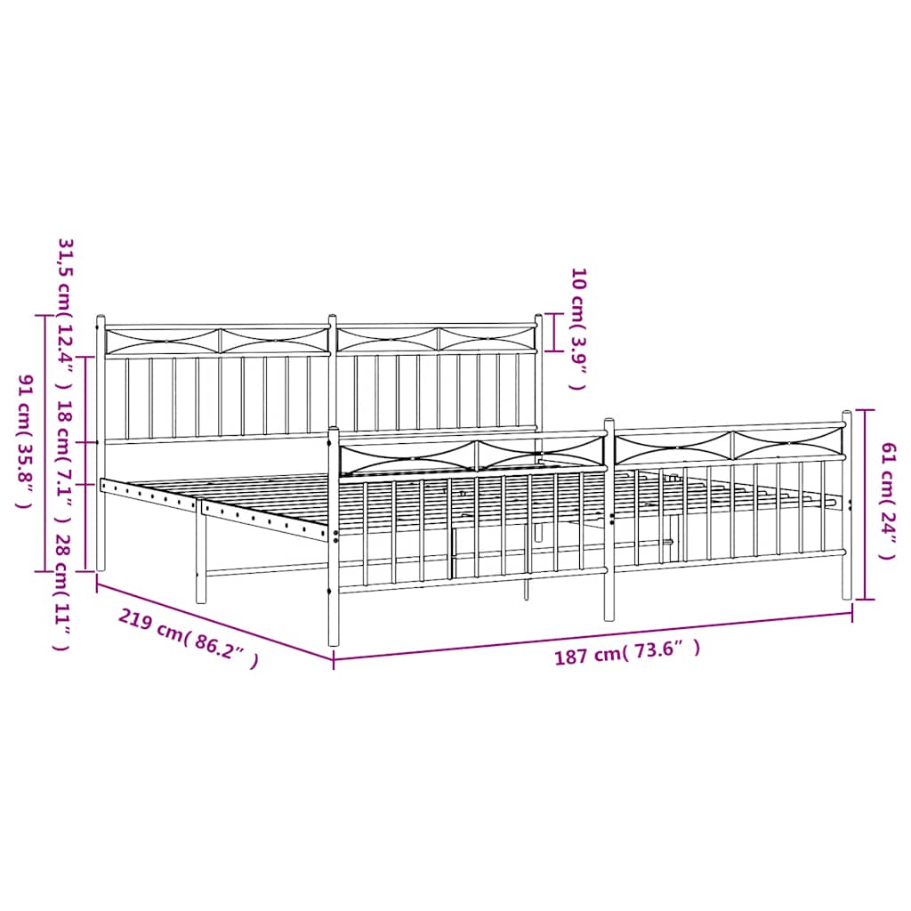 vidaXL Metal Bed Frame without Mattress with Footboard Black 183x213cm