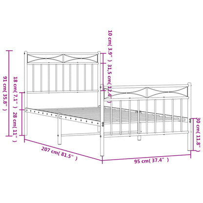 vidaXL Metal Bed Frame without Mattress with Footboard White 90x200cm