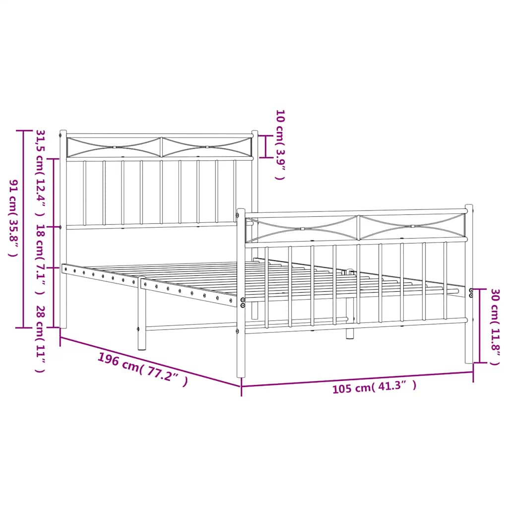 vidaXL Metal Bed Frame without Mattress with Footboard White 100x190cm