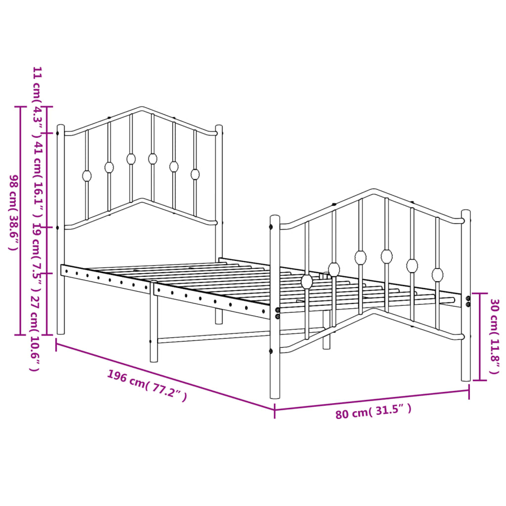 vidaXL Bed Frame | Black | Powder-Coated Steel | Small Single | Bed Frame