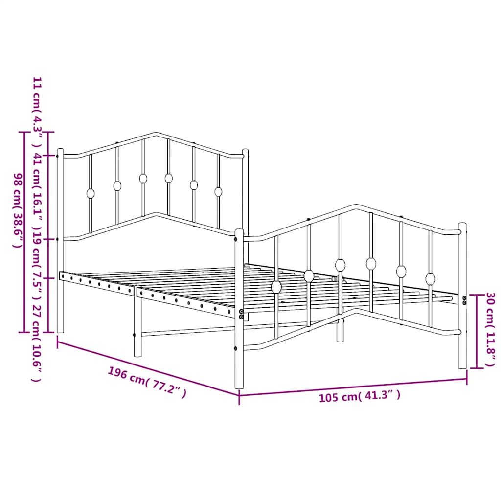 vidaXL Metal Bed Frame without Mattress with Footboard Black 100x190cm