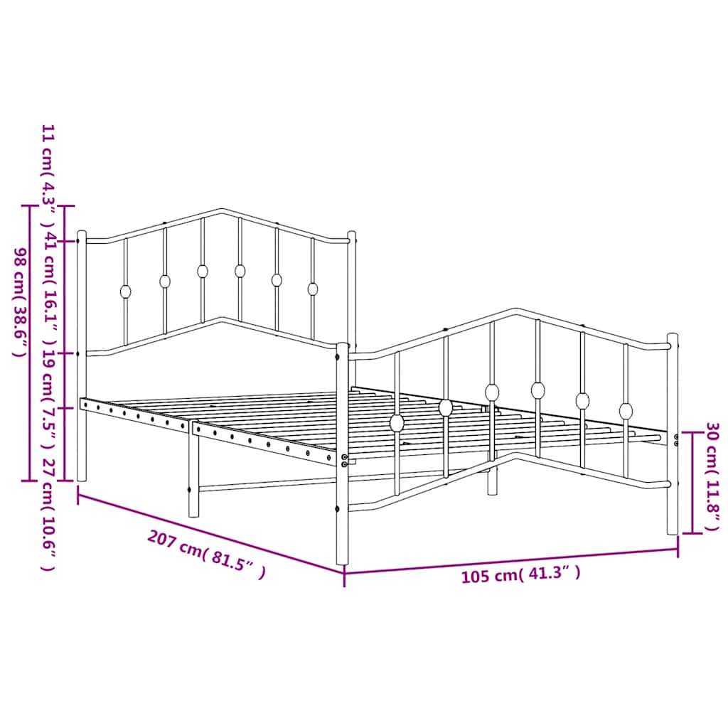 vidaXL Metal Bed Frame without Mattress with Footboard Black 100x200cm