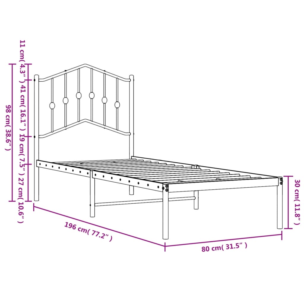 vidaXL Metal Bed Frame without Mattress with Headboard White 75x190cm