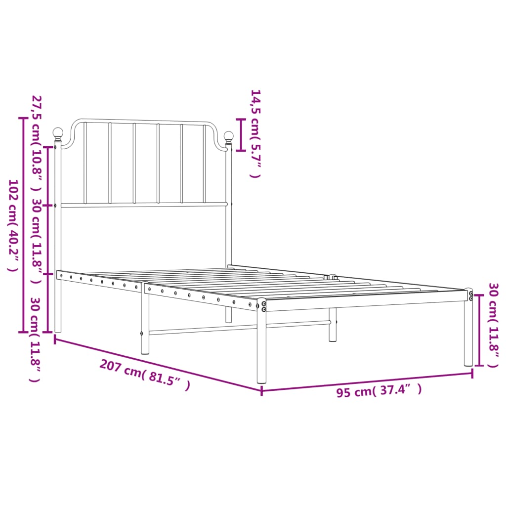 vidaXL Metal Bed Frame without Mattress with Headboard Black 90x200cm