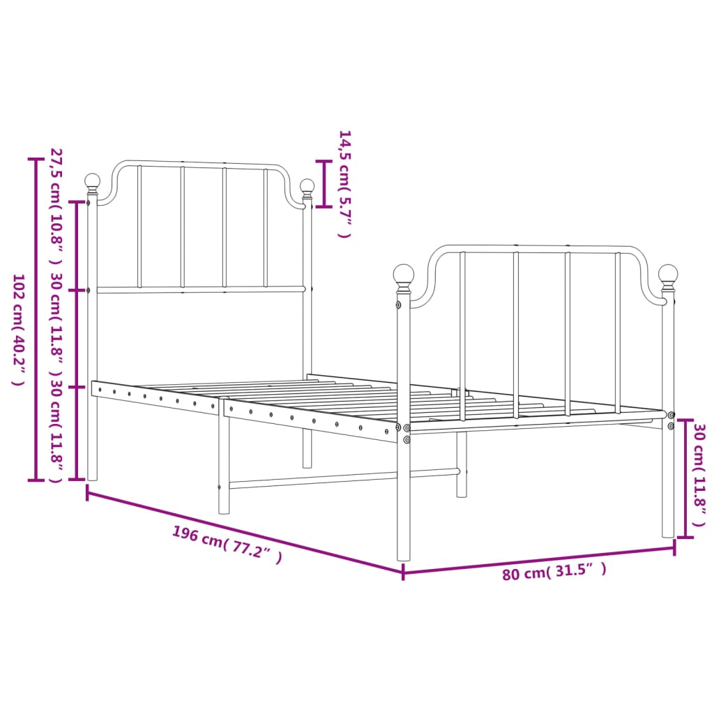 vidaXL Metal Bed Frame without Mattress with Footboard White 75x190cm