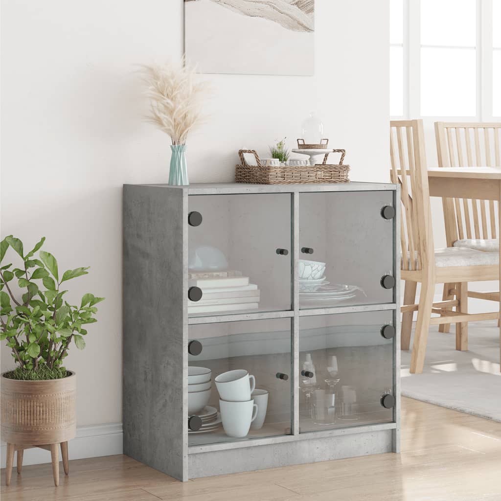 vidaXL Side Cabinet with Glass Doors Concrete Grey 68x37x75,5 cm