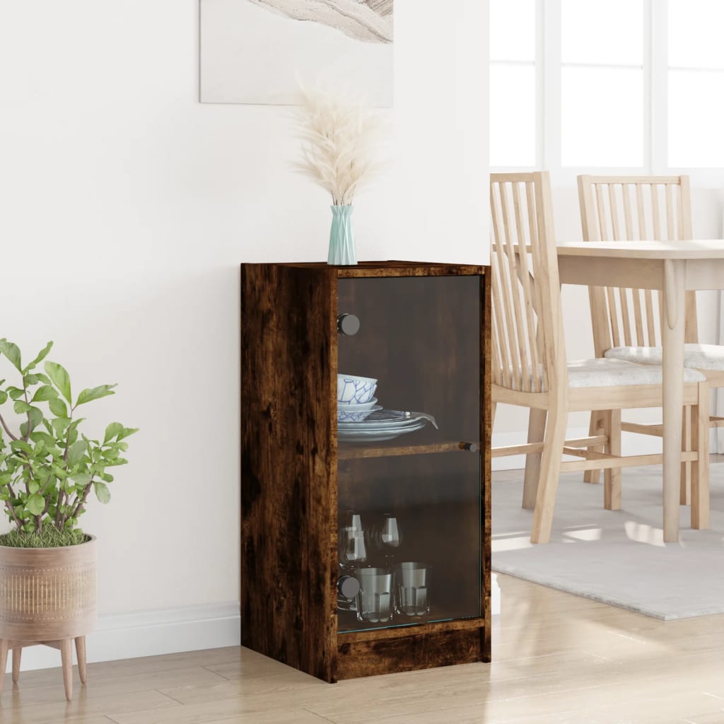 vidaXL Side Cabinet with Glass Doors Smoked Oak 35x37x75,5 cm