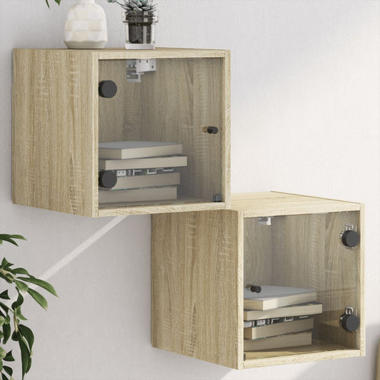vidaXL Bedside Cabinets with Glass Doors 2 pcs Sonoma Oak 35x37x35 cm