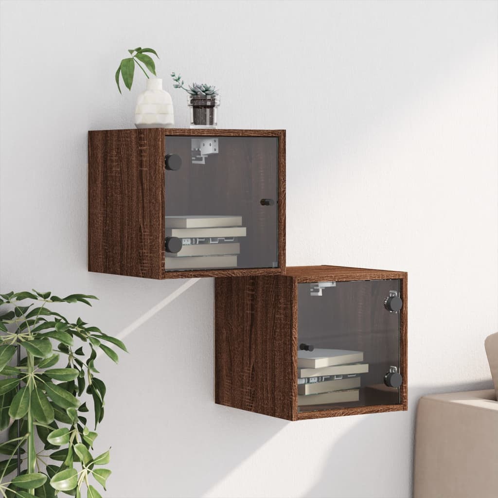 vidaXL Bedside Cabinets with Glass Doors 2 pcs Brown Oak 35x37x35 cm