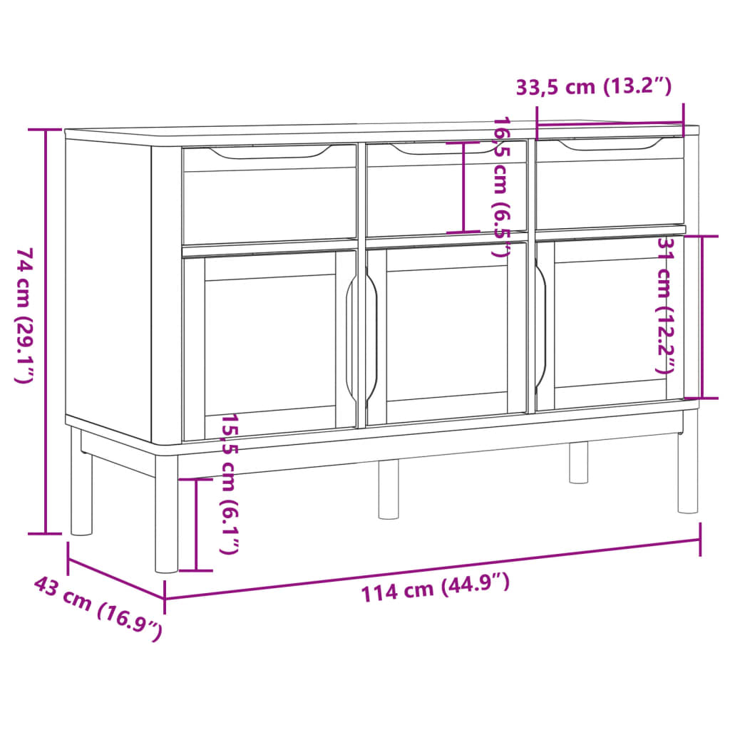 vidaXL Sideboard FLORO Grey 114x43x74 cm Solid Wood Pine