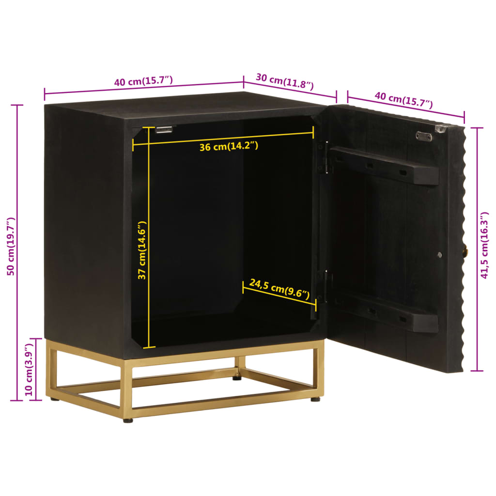 vidaXL Bedside Cabinet Black 40x30x50 cm Solid Wood Mango and Iron