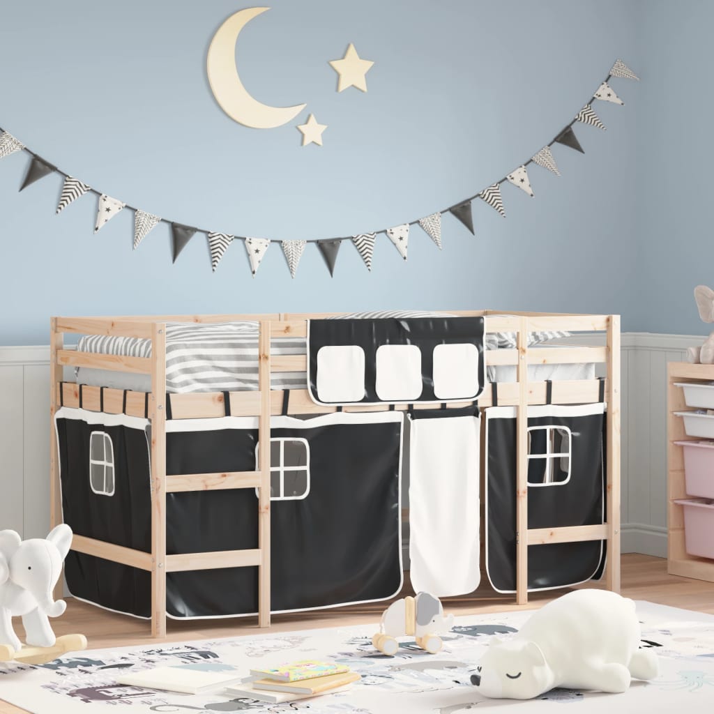vidaXL Kids' Loft Bed with Curtains without Mattress White&Black 90x200cm