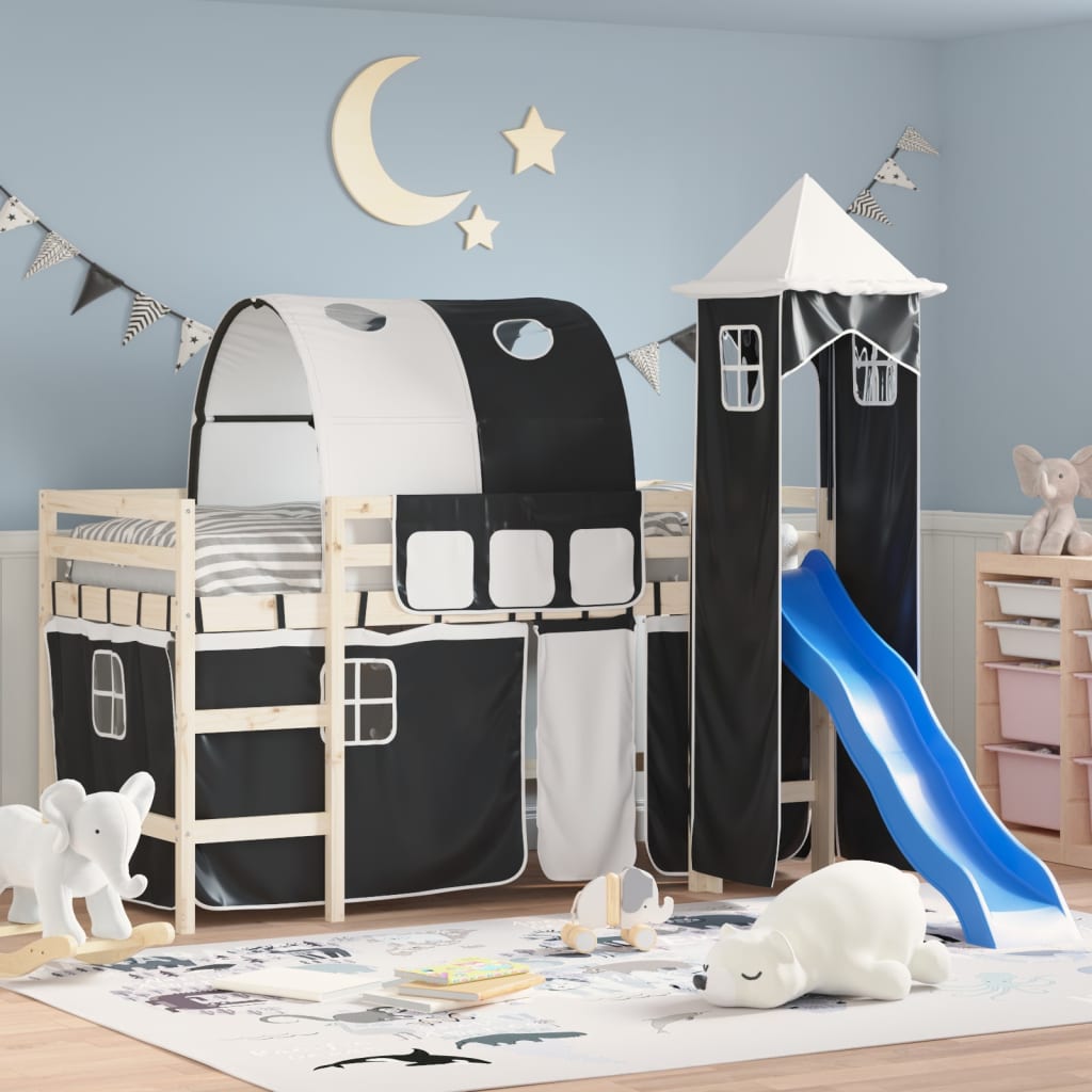 vidaXL Curtains for Loft Bed with Tunnel and Tower White and Black