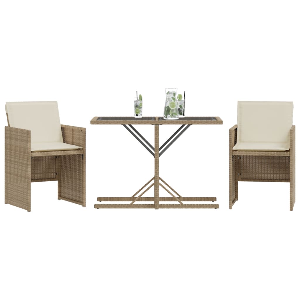 vidaXL 3 Piece Bistro Set with Cushions Beige Poly Rattan