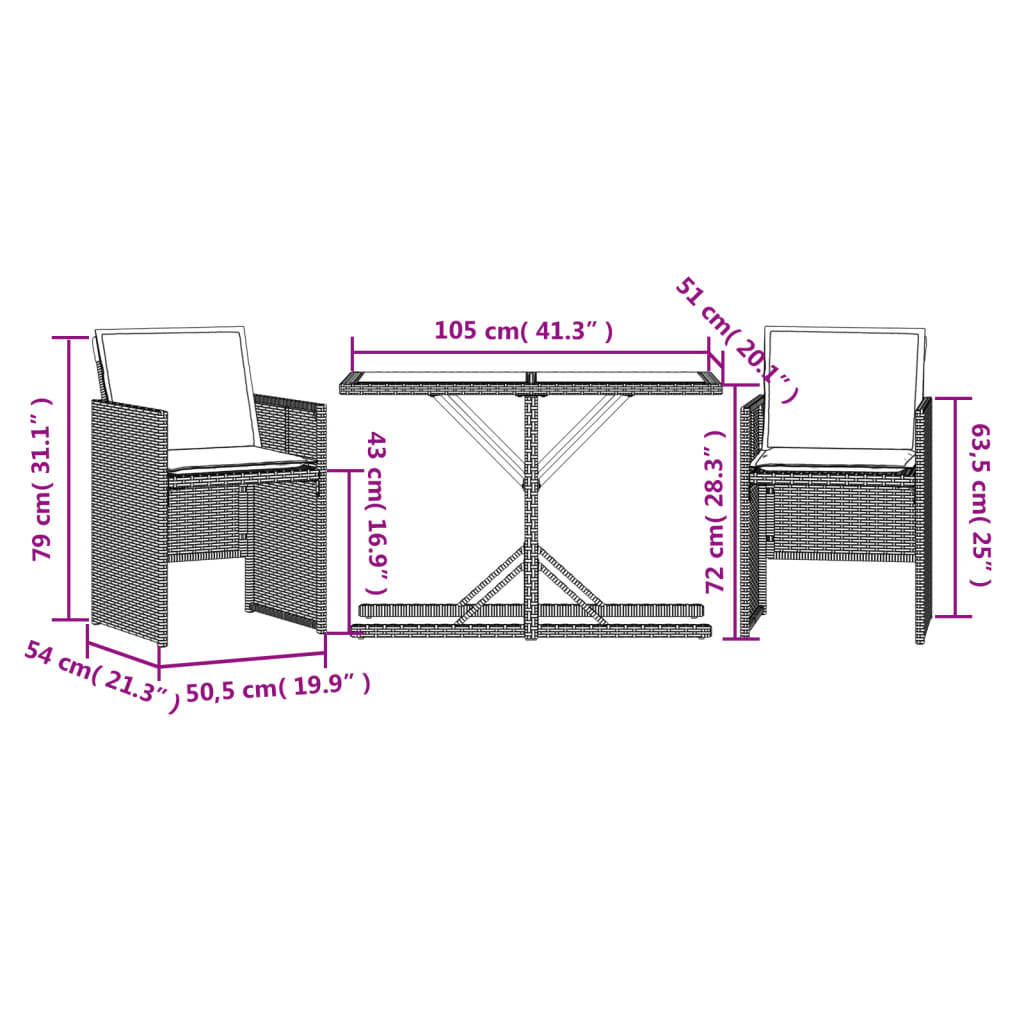 vidaXL 3 Piece Bistro Set with Cushions Beige Poly Rattan