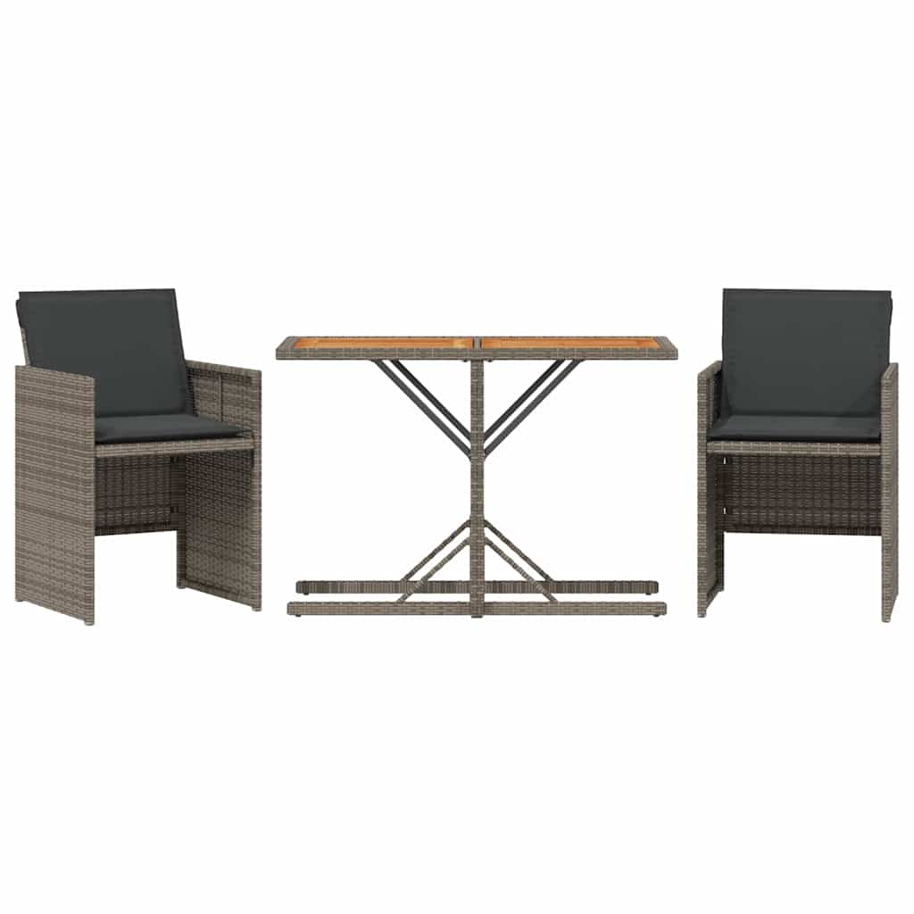 vidaXL 3 Piece Bistro Set with Cushions Grey Poly Rattan