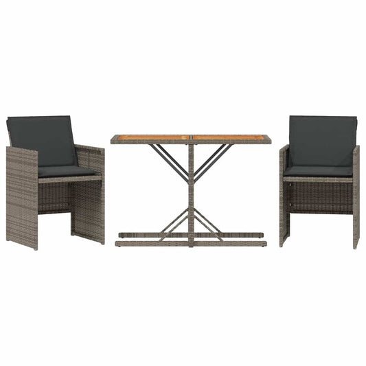 vidaXL 3 Piece Bistro Set with Cushions Grey Poly Rattan