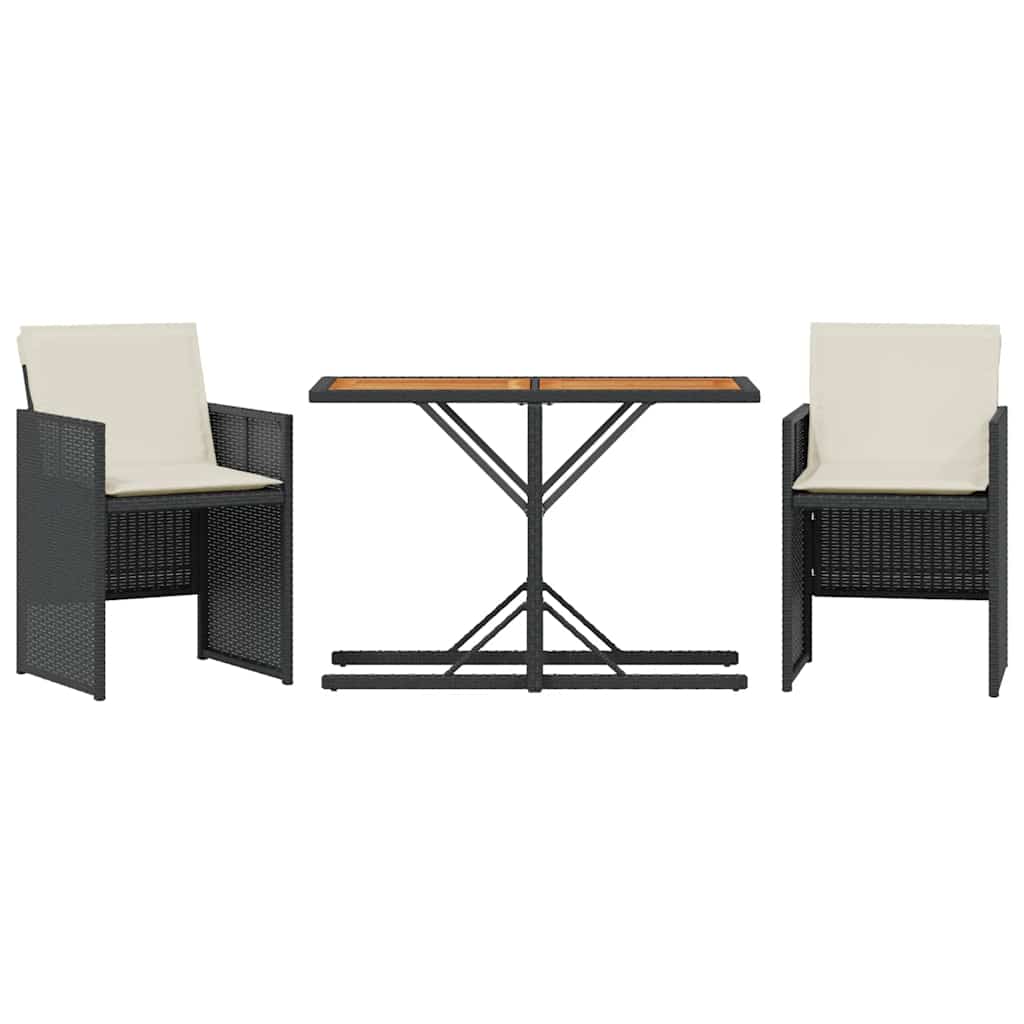 vidaXL 3 Piece Bistro Set with Cushions Black Poly Rattan