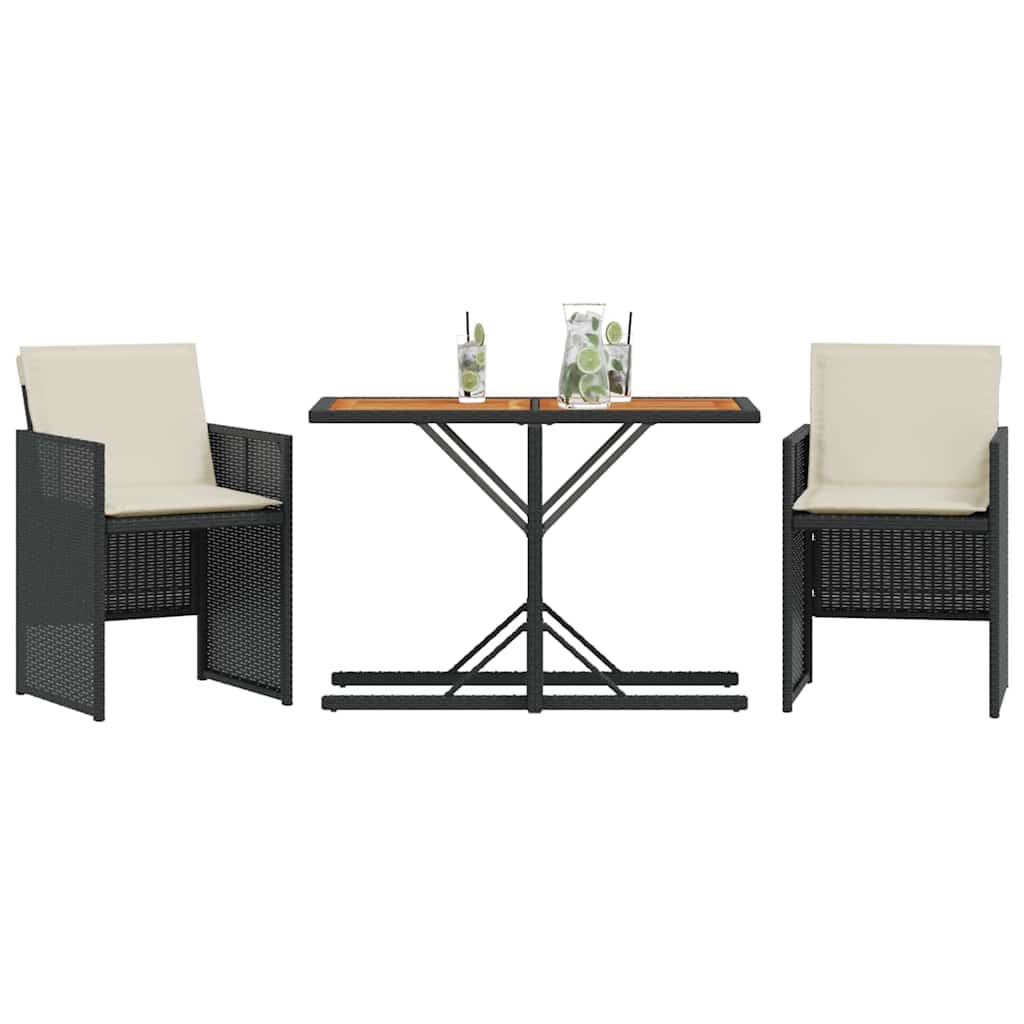 vidaXL 3 Piece Bistro Set with Cushions Black Poly Rattan
