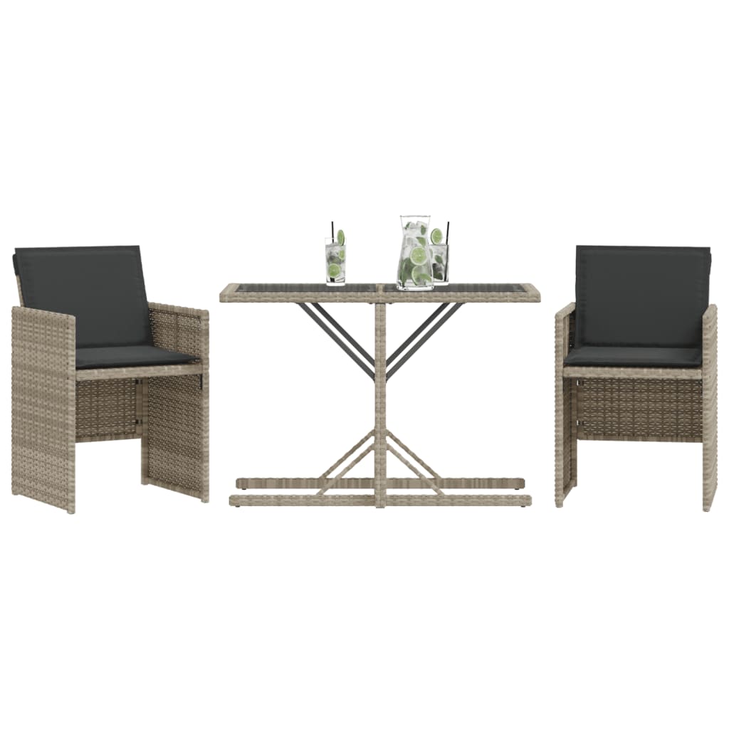 vidaXL 3 Piece Bistro Set with Cushions Light Grey Poly Rattan