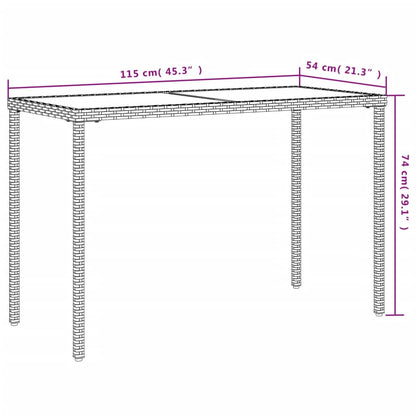 vidaXL Garden Table with Glass Top Light Grey 115x54x74 cm Poly Rattan