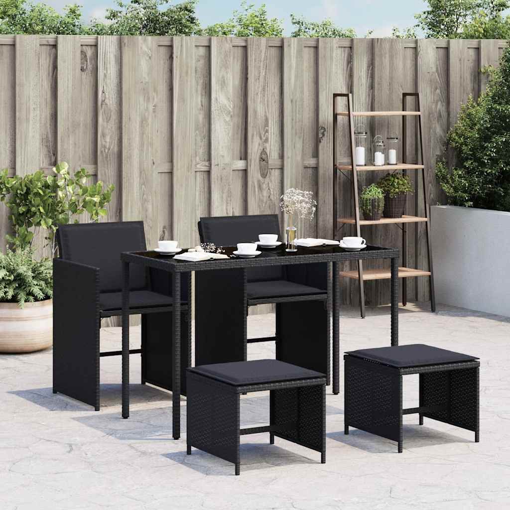 vidaXL 5 Piece Garden Dining Set with Cushions Black Poly Rattan