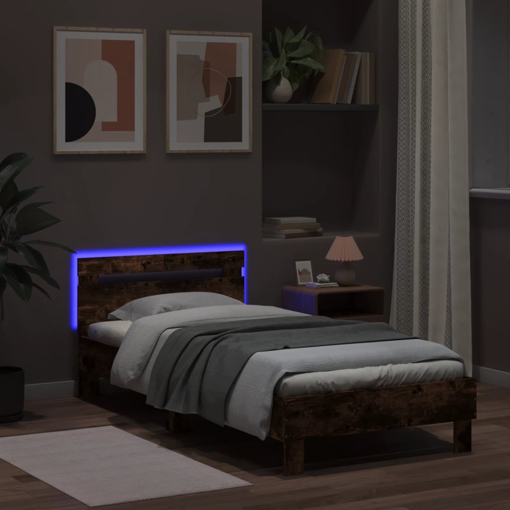 vidaXL Bed Frame without Mattress with LED Lights Smoked Oak 100x200 cm