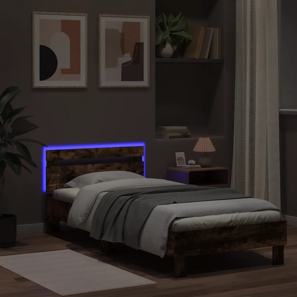 vidaXL Bed Frame without Mattress with LED Lights Smoked Oak 90x190 cm Single