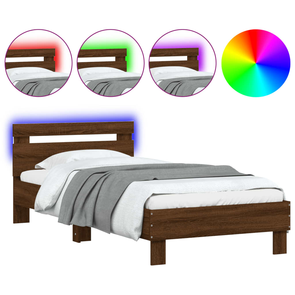 vidaXL Bed Frame without Mattress with LED Lights Brown Oak 90x190 cm Single