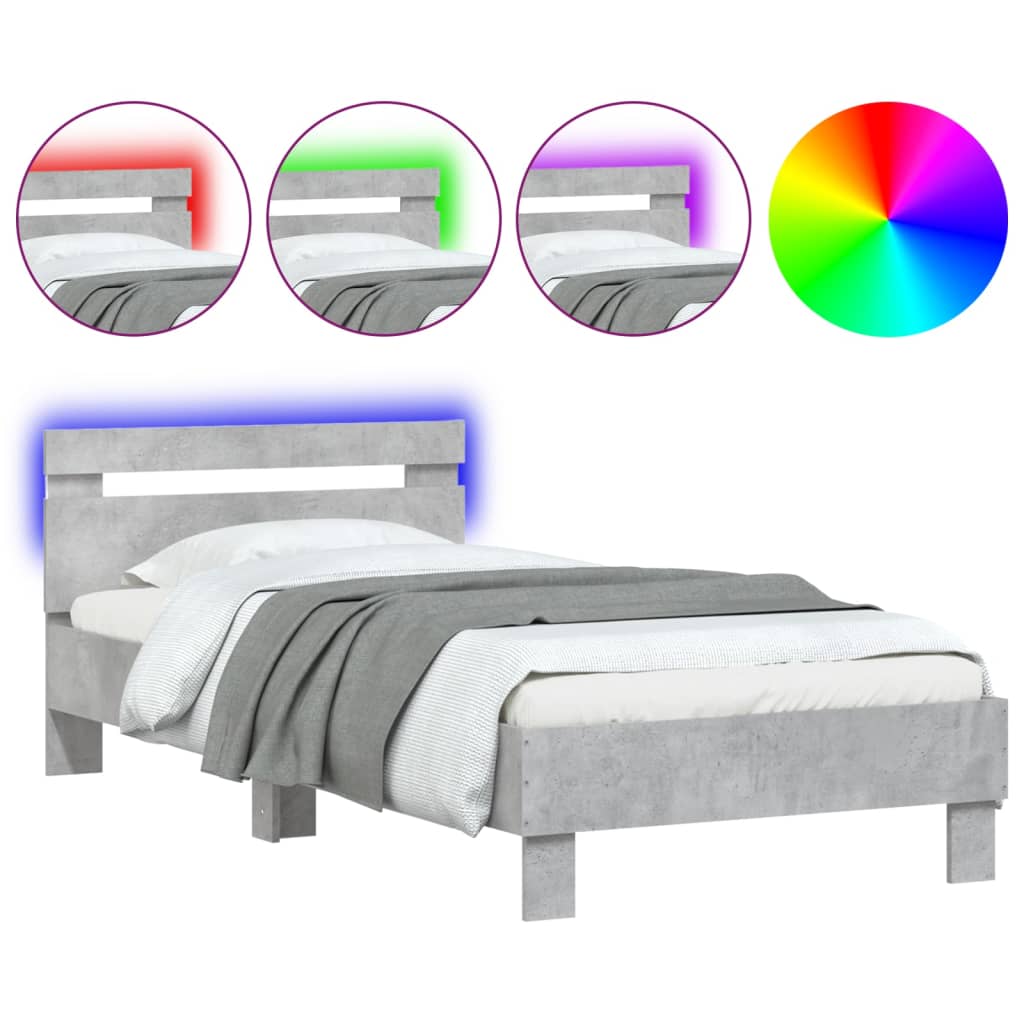 vidaXL Bed Frame without Mattress with LED Lights Concrete Grey 75x190 cm