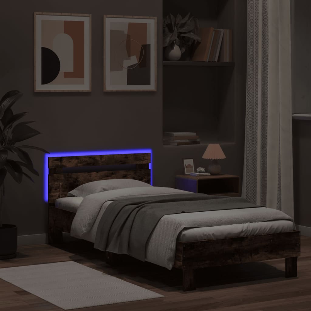 vidaXL Bed Frame without Mattress with LED Lights Smoked Oak 75x190 cm