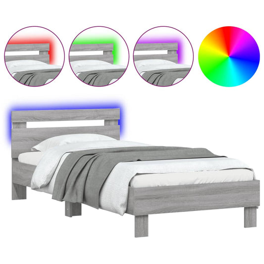 vidaXL Bed Frame without Mattress with LED Lights Grey Sonoma 75x190 cm Small Single