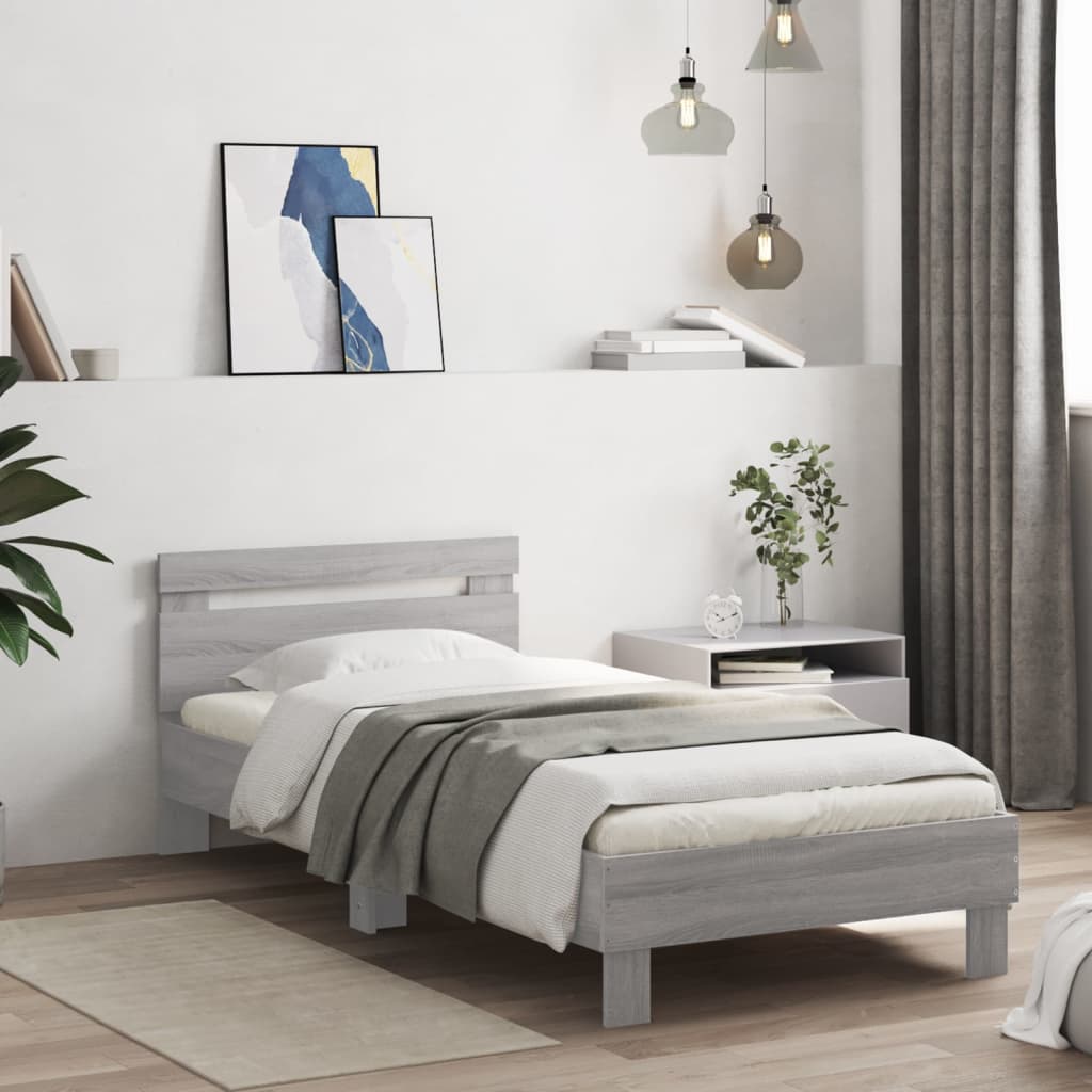 vidaXL Bed Frame without Mattress with LED Lights Grey Sonoma 75x190 cm Small Single