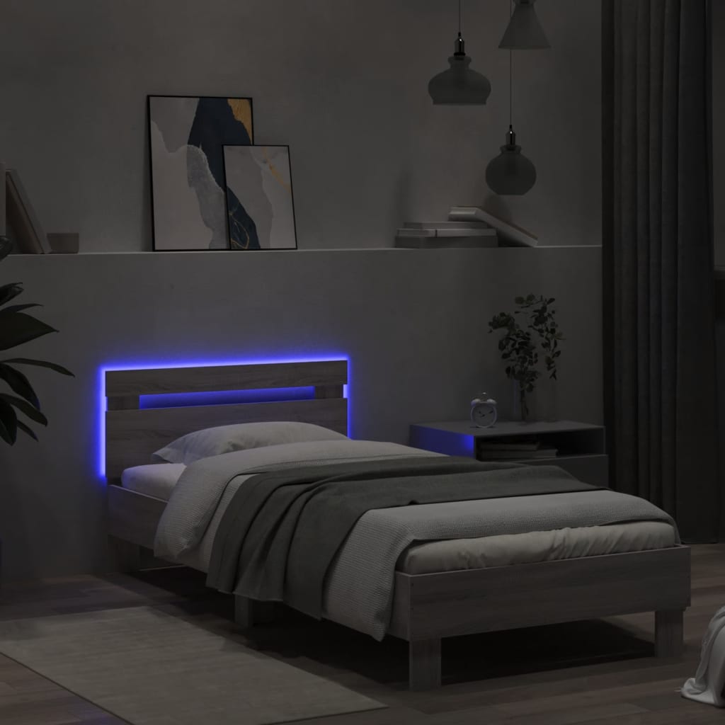 vidaXL Bed Frame without Mattress with LED Lights Grey Sonoma 75x190 cm Small Single