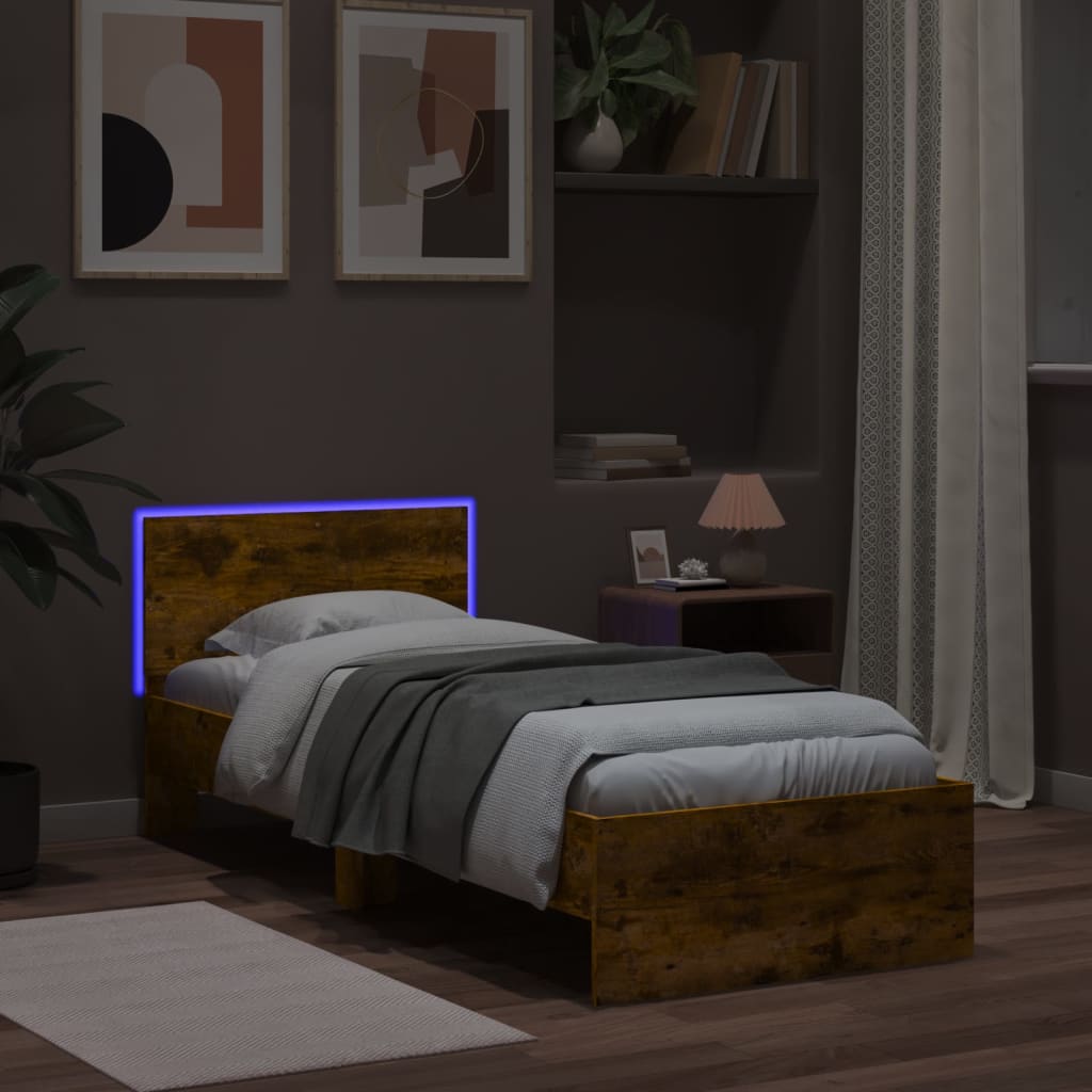 vidaXL Bed Frame without Mattress with LED Lights Smoked Oak 90x190 cm Single