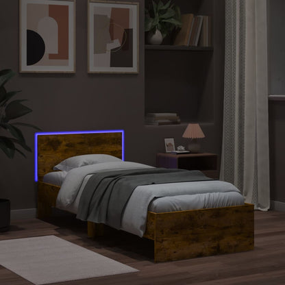 vidaXL Bed Frame without Mattress with LED Lights Smoked Oak 90x190 cm Single