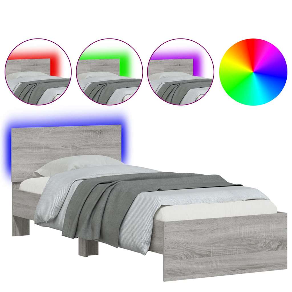 vidaXL Bed Frame without Mattress with LED Lights Grey Sonoma 90x190cm