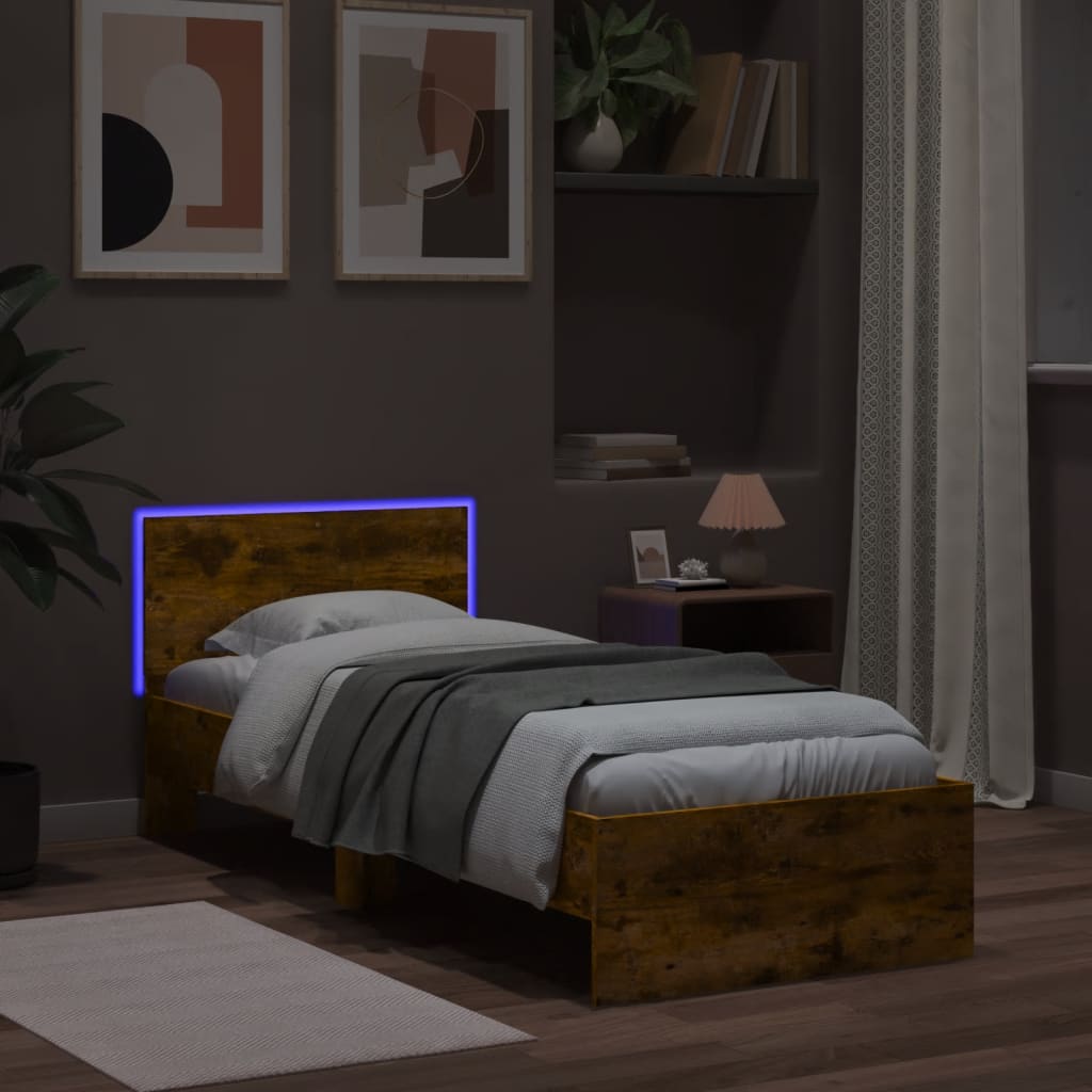 vidaXL Bed Frame without Mattress with LED Lights Smoked Oak 75x190 cm Small Single