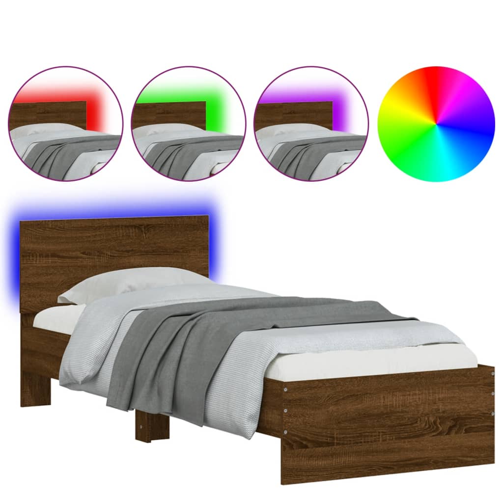 vidaXL Bed Frame without Mattress with LED Lights Brown Oak 75x190 cm