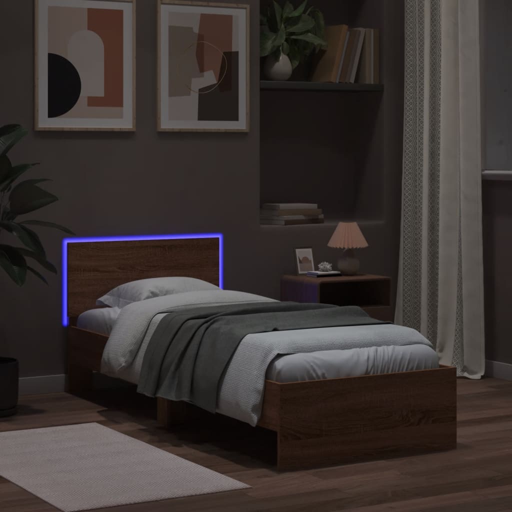 vidaXL Bed Frame without Mattress with LED Lights Brown Oak 75x190 cm