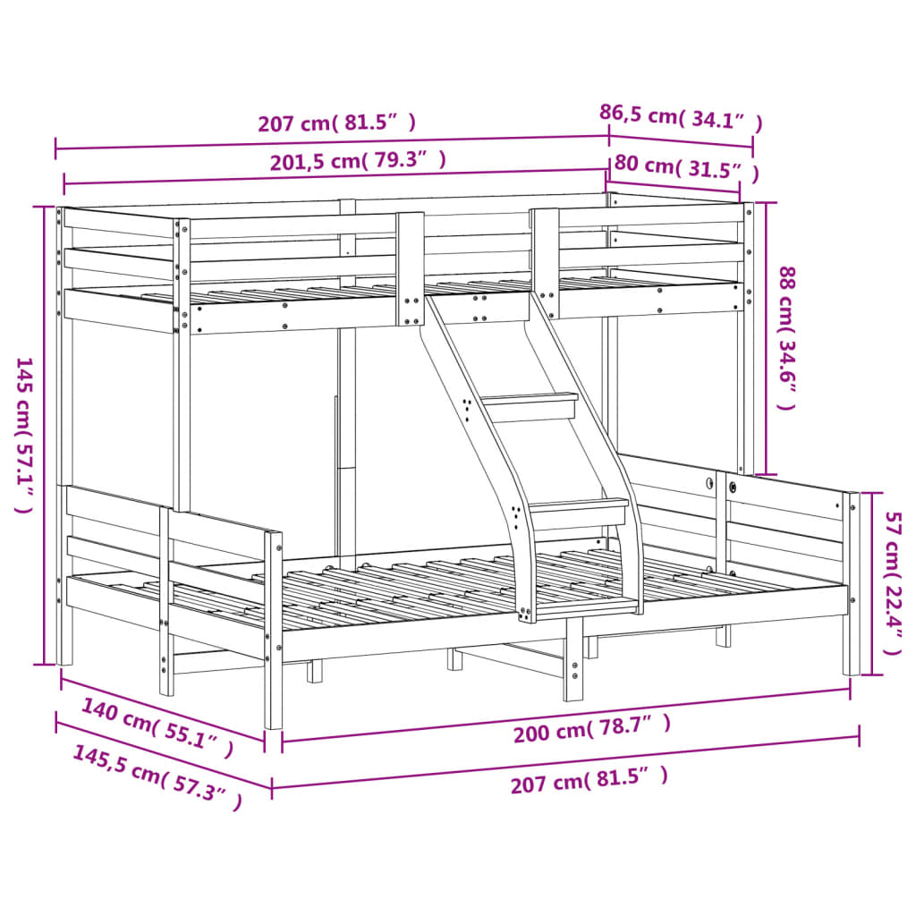 vidaXL Bunk Bed without Mattress 80x200/140x200 cm Solid Wood