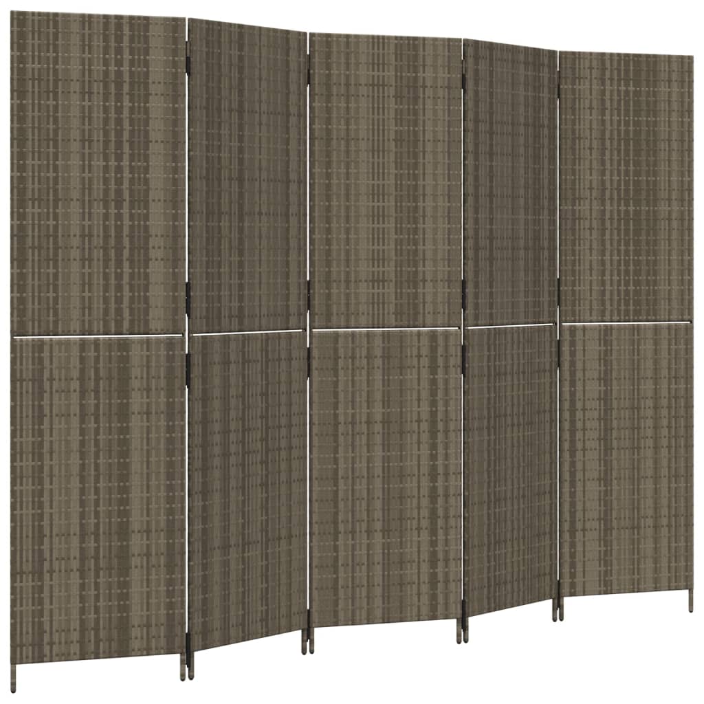 vidaXL Room Divider 5 Panels Grey Poly Rattan