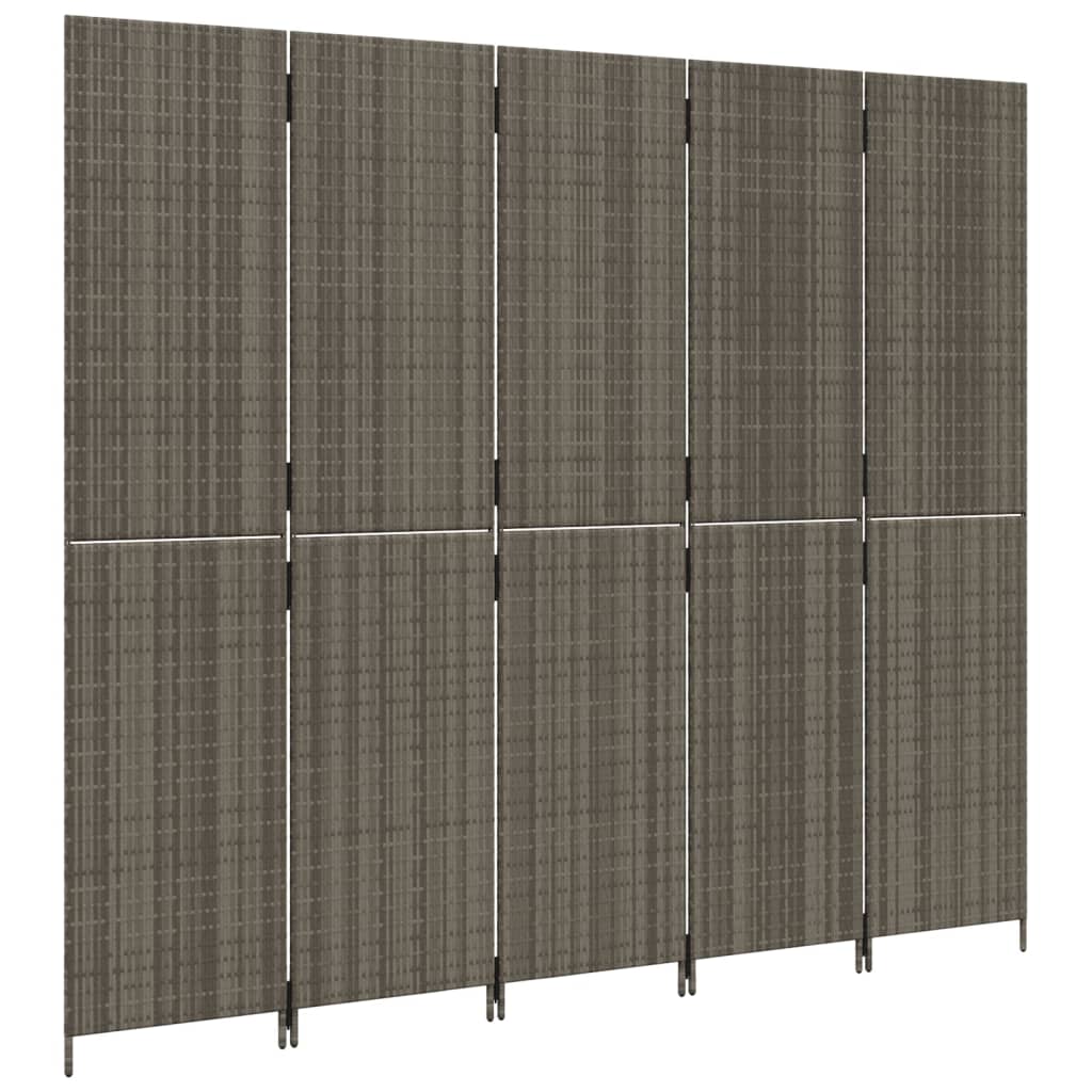vidaXL Room Divider 5 Panels Grey Poly Rattan