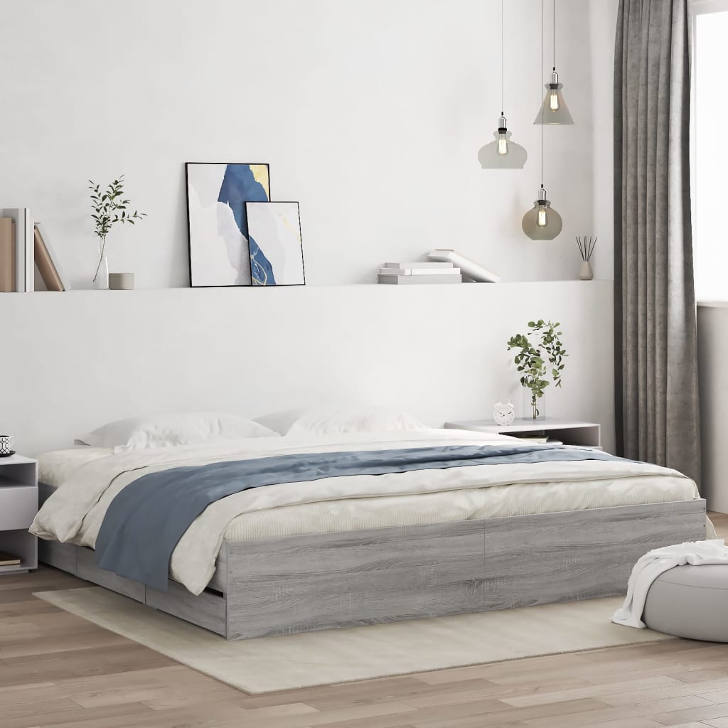 vidaXL Bed Frame with Drawers without Mattress Grey Sonoma 180x200 cm Super King