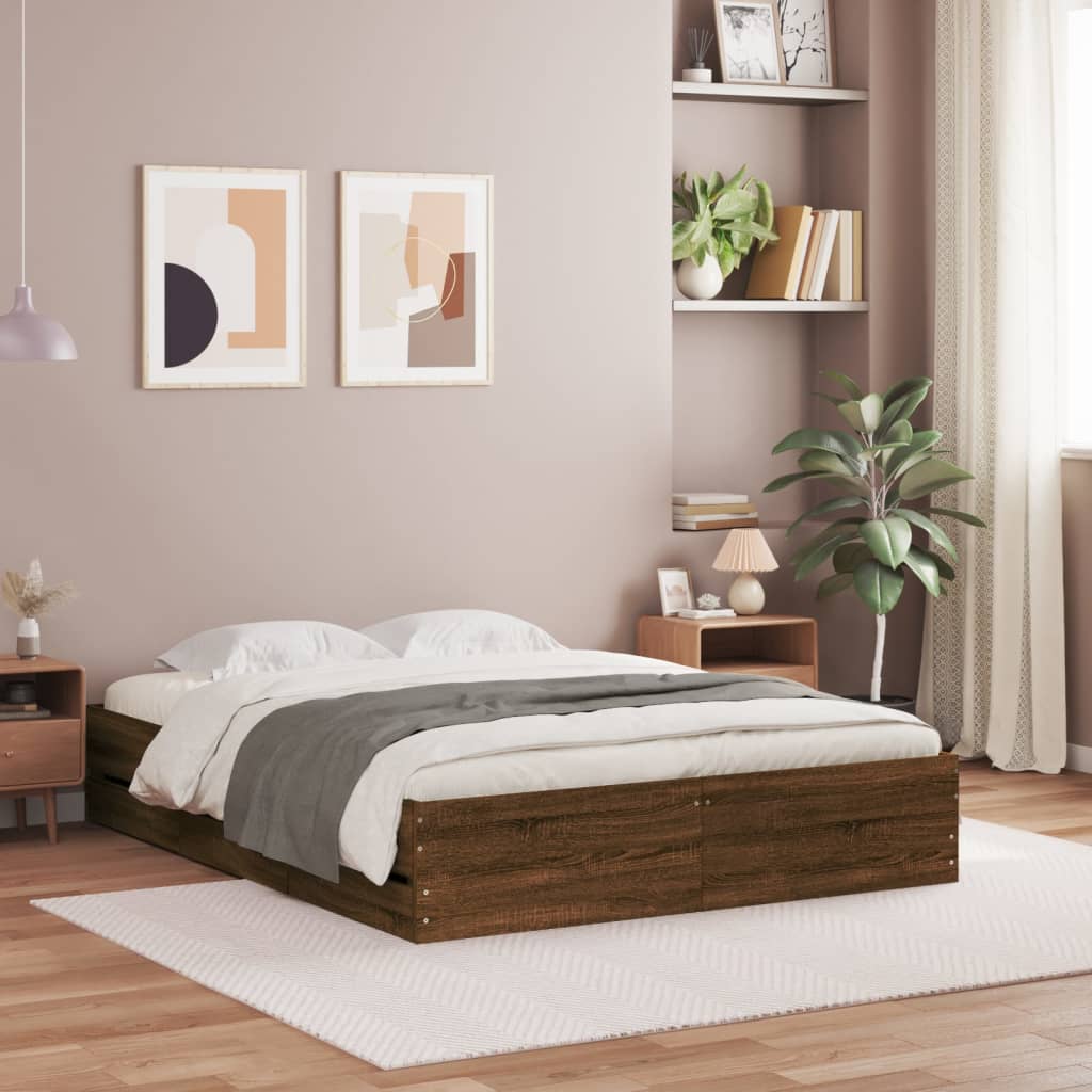 vidaXL Bed Frame with Drawers without Mattress Brown Oak 135x190 cm Double