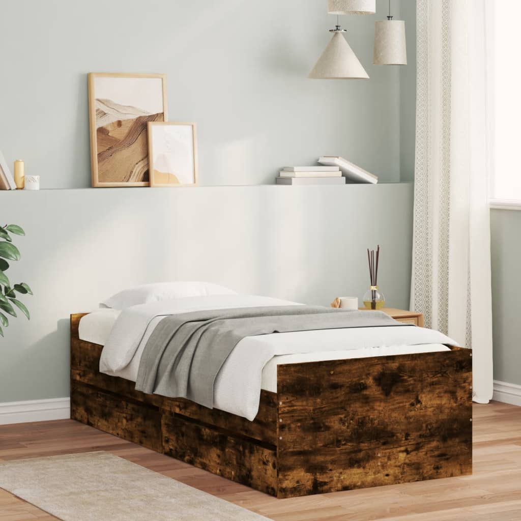 vidaXL Bed Frame with Drawers without Mattress Smoked Oak 90x190 cm Single