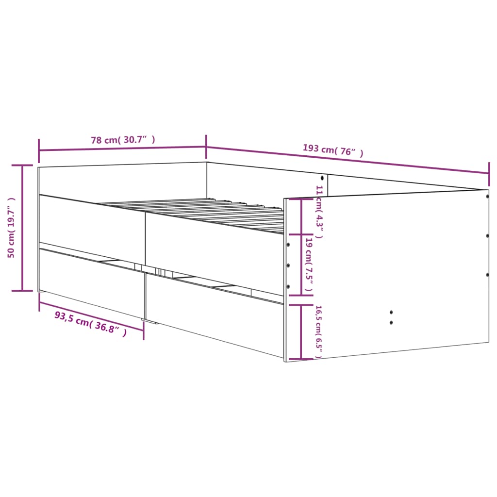 vidaXL Bed Frame without Mattress Smoked Oak 75x190 cm Small Single Small Single